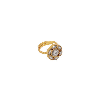 Aayesha Ring in 92.5 Sterling Silver handcrafted and dipped in 1 micron Gold plating with Jadau-Polki, adjustable.