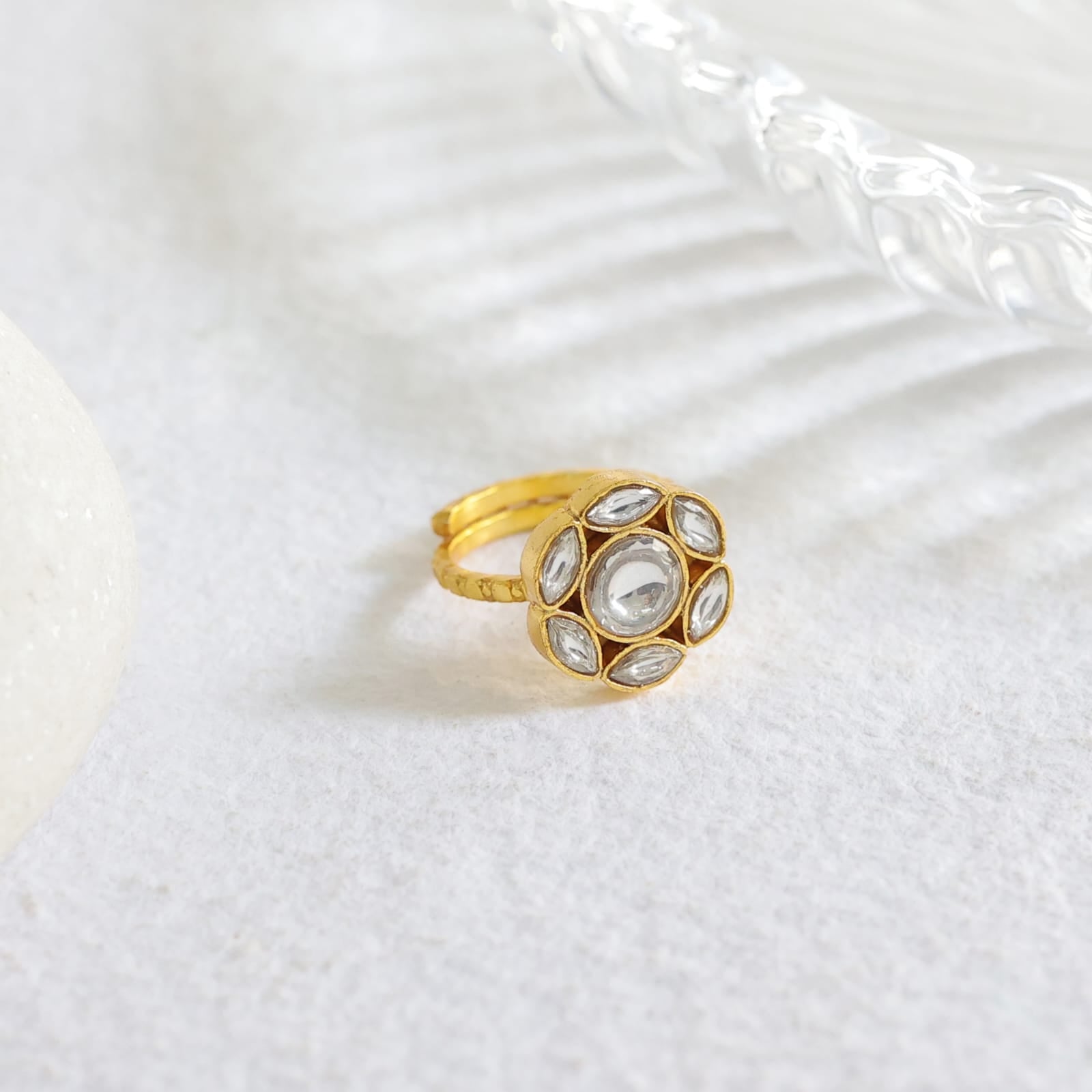 Aayesha Ring in 92.5 Sterling Silver handcrafted and dipped in 1 micron Gold plating with Jadau-Polki, adjustable.