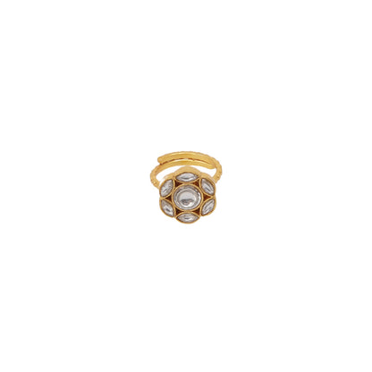 Aayesha Ring in 92.5 Sterling Silver handcrafted and dipped in 1 micron Gold plating with Jadau-Polki, adjustable.