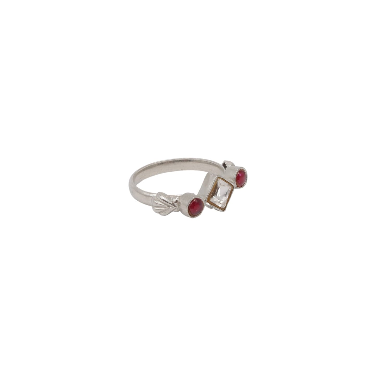 Sana Ring in 92.5 Sterling Silver handcrafted with red Quartz and Polki-Jadau ring, adjustable.