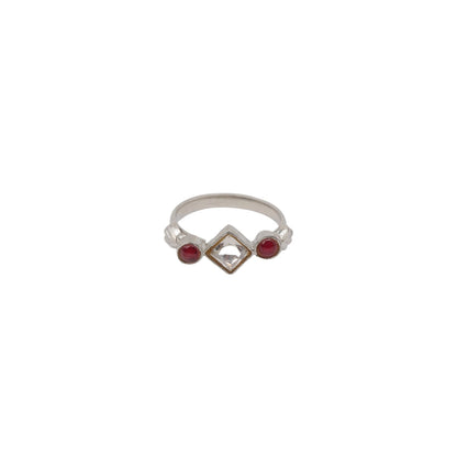 Sana Ring in 92.5 Sterling Silver handcrafted with red Quartz and Polki-Jadau ring, adjustable.