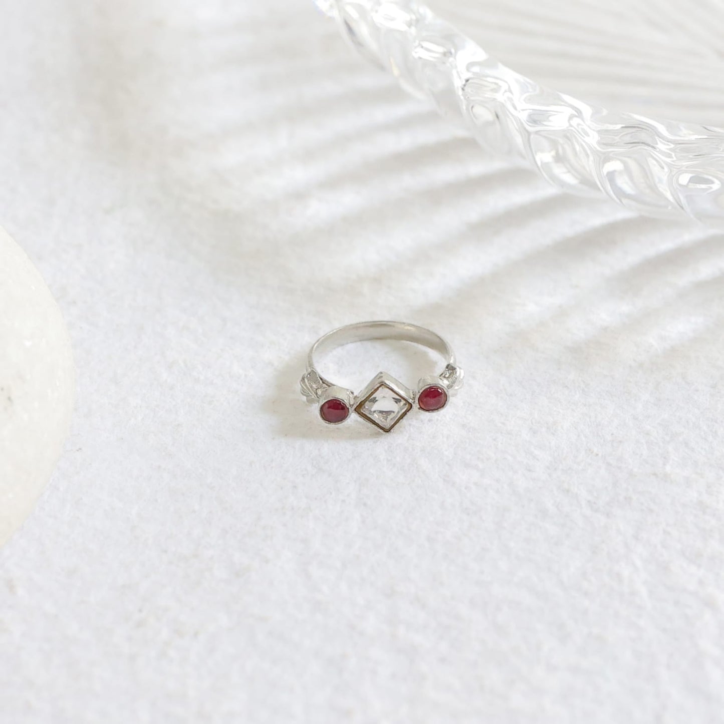 Sana Ring in 92.5 Sterling Silver handcrafted with red Quartz and Polki-Jadau ring, adjustable.