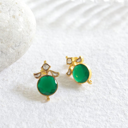 Ranjita Earrings in 92.5 Sterling Silver handcrafted and dipped in 1 micron Gold plating with green Onyx and semi-precious stones and Polki.