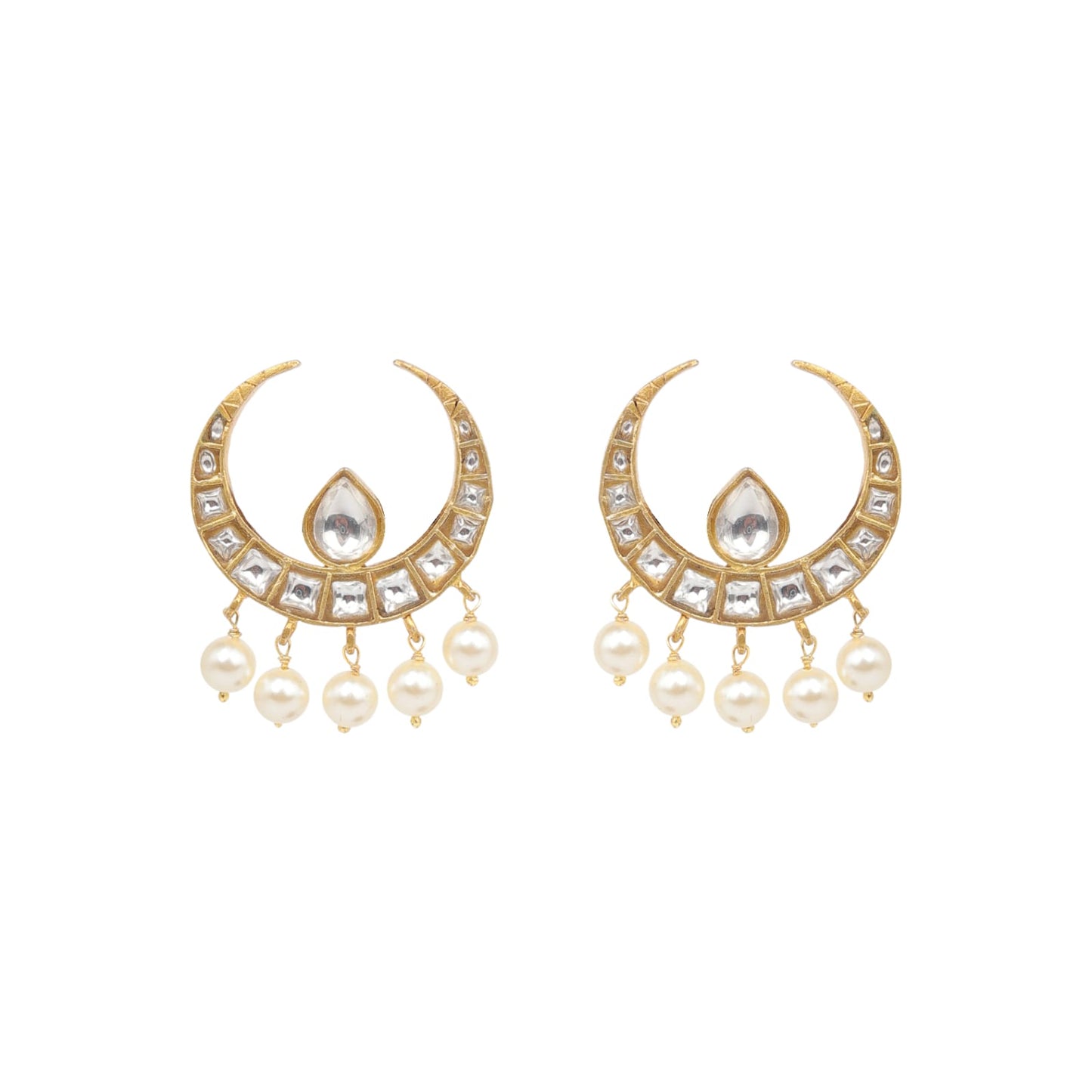 Hoor Earrings in 92.5 Sterling Silver handcrafted and dipped in 1 micron Gold plating with Jadau-Polki Pearls studs.