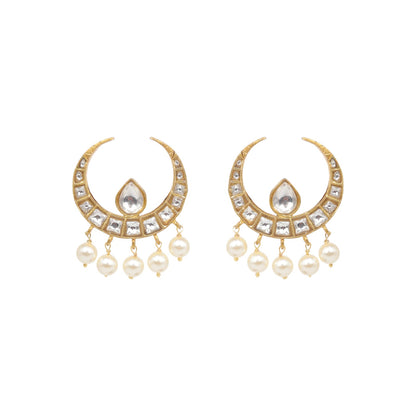 Hoor Earrings in 92.5 Sterling Silver handcrafted and dipped in 1 micron Gold plating with Jadau-Polki Pearls studs.