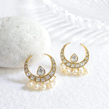 Hoor Earrings in 92.5 Sterling Silver handcrafted and dipped in 1 micron Gold plating with Jadau-Polki Pearls studs.