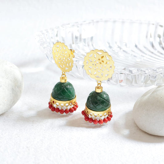 Hiyaan Jhumka in 92.5 Sterling Silver handcrafted and dipped in 1 micron Gold plating with green Onyx dome Jhumka with red Quartz.