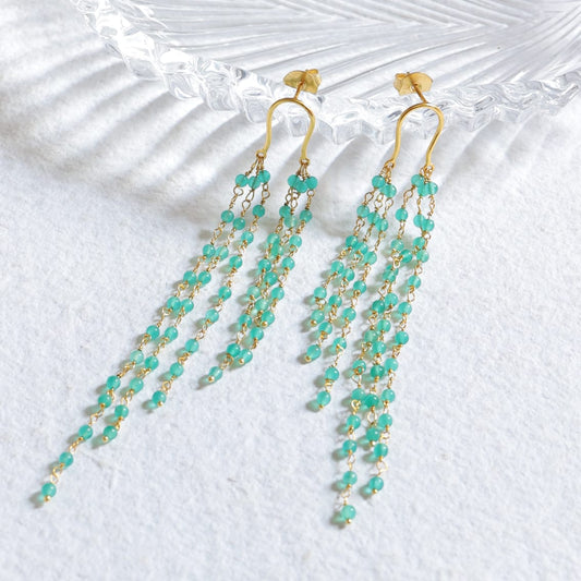 Jhilmil Earrings in 92.5 Sterling Silver handcrafted and dipped in 1 micron Gold plating with green Quartz beads.