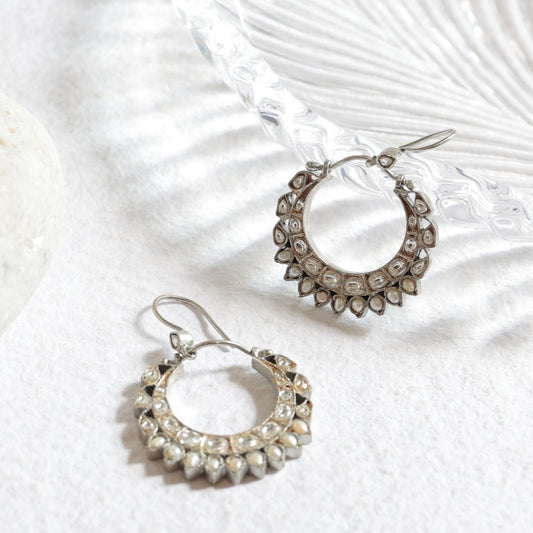 Rida earrings in 92.5 Sterling Silver handcrafted with Jadau-Polki in an antique Silver finish.