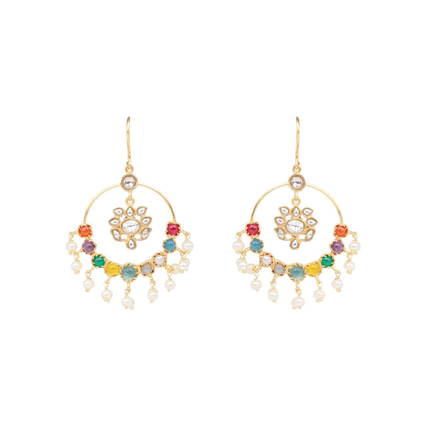 Navgrah earrings in 92.5 Sterling Silver handcrafted and dipped in 1 micron Gold plating with Navratna Polki hoops.