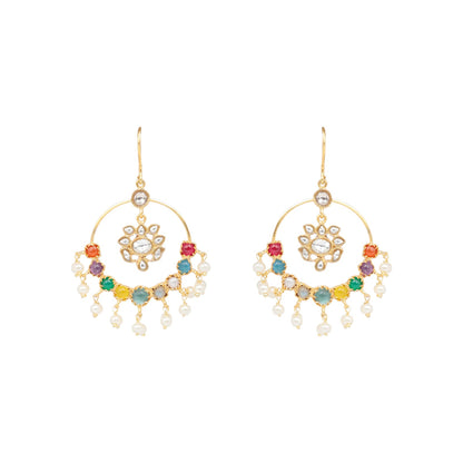 Navgrah earrings in 92.5 Sterling Silver handcrafted and dipped in 1 micron Gold plating with Navratna Polki hoops.