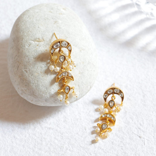 Poornima Earrings in 92.5 Sterling Silver handcrafted and dipped in 1 micron Gold plating Chaand-Jadau earrings.