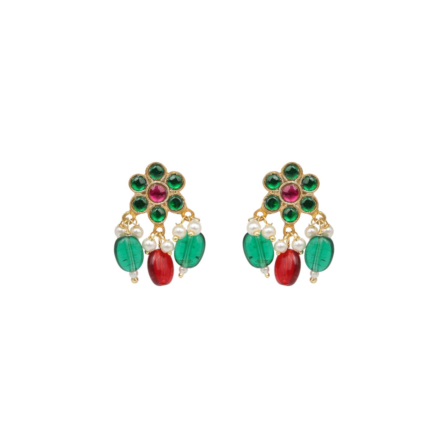 Chameli earrings in 92.5 Sterling Silver handcrafted and dipped in 1 micron Gold plating with Red Jadau-Quartz stones and green Onyx beads.