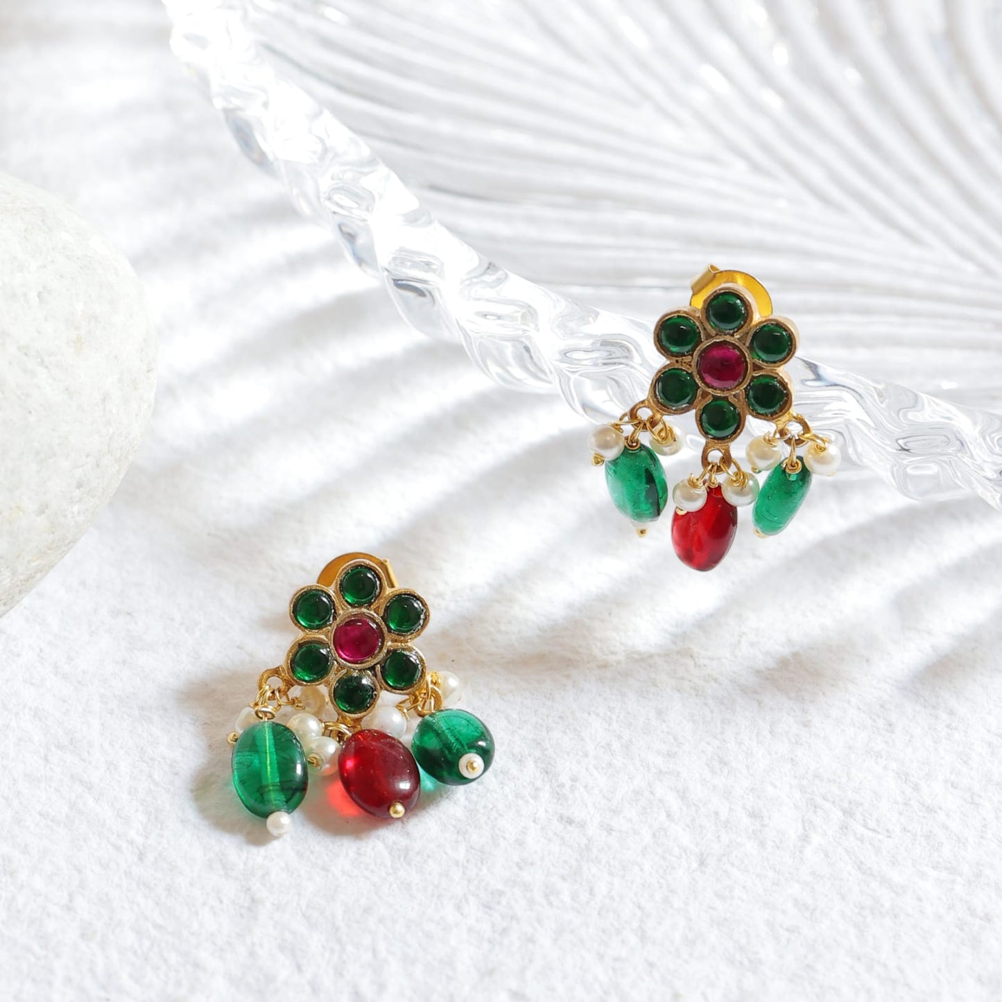 Chameli earrings in 92.5 Sterling Silver handcrafted and dipped in 1 micron Gold plating with Red Jadau-Quartz stones and green Onyx beads.