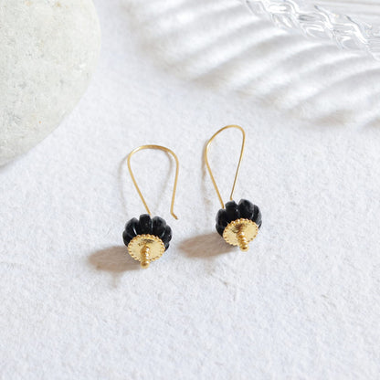 Kalindi Earrings in 92.5 Sterling Silver handcrafted and dipped in 1 micron Gold plating with black Onyx melon shaped.