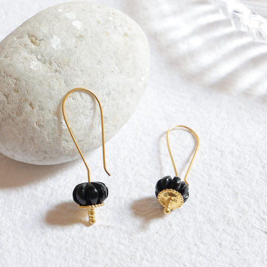 Kalindi Earrings in 92.5 Sterling Silver handcrafted and dipped in 1 micron Gold plating with black Onyx melon shaped.