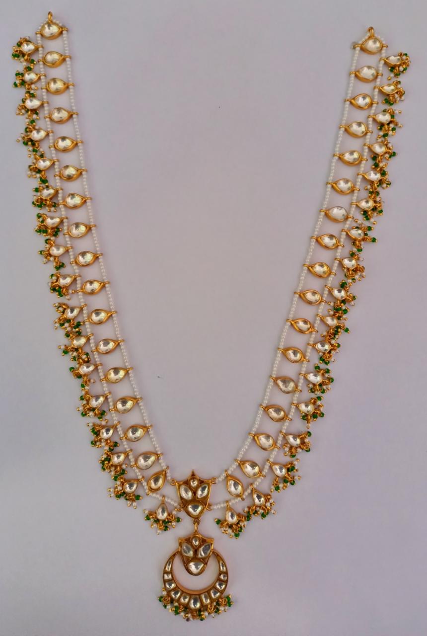 Maharani Necklace in 92.5 Sterling Silver handcrafted and dipped in 1 micron Gold plating with Jadau-Polki Pearls.