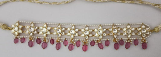 Suman choker in 92.5 Sterling Silver handcrafted and dipped in 1 micron Gold plating with Jadau-Polki Pearls and red Quartz choker.