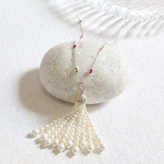 Gungun Necklace in 92.5 Sterling Silver handcrafted in Zircon setting, long Indo-western Pearl teasel necklace.