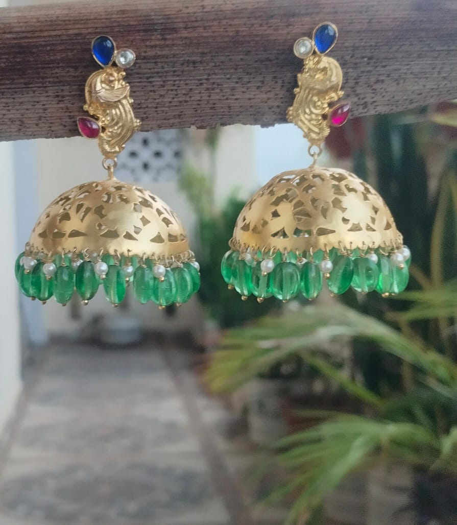 Saaz Jumka in 92.5 Sterling Silver handcrafted and dipped in 1 micron Gold plating with multi colour Jadau-Polki and green Quartz with beads.