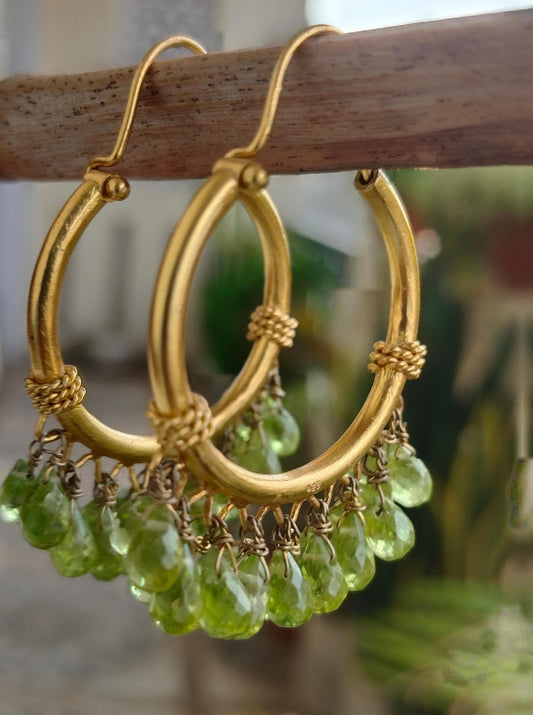 Riya Hoops Earrings in 92.5 Sterling Silver handcrafted Gold plated peridot beaded Hoops Earrings.