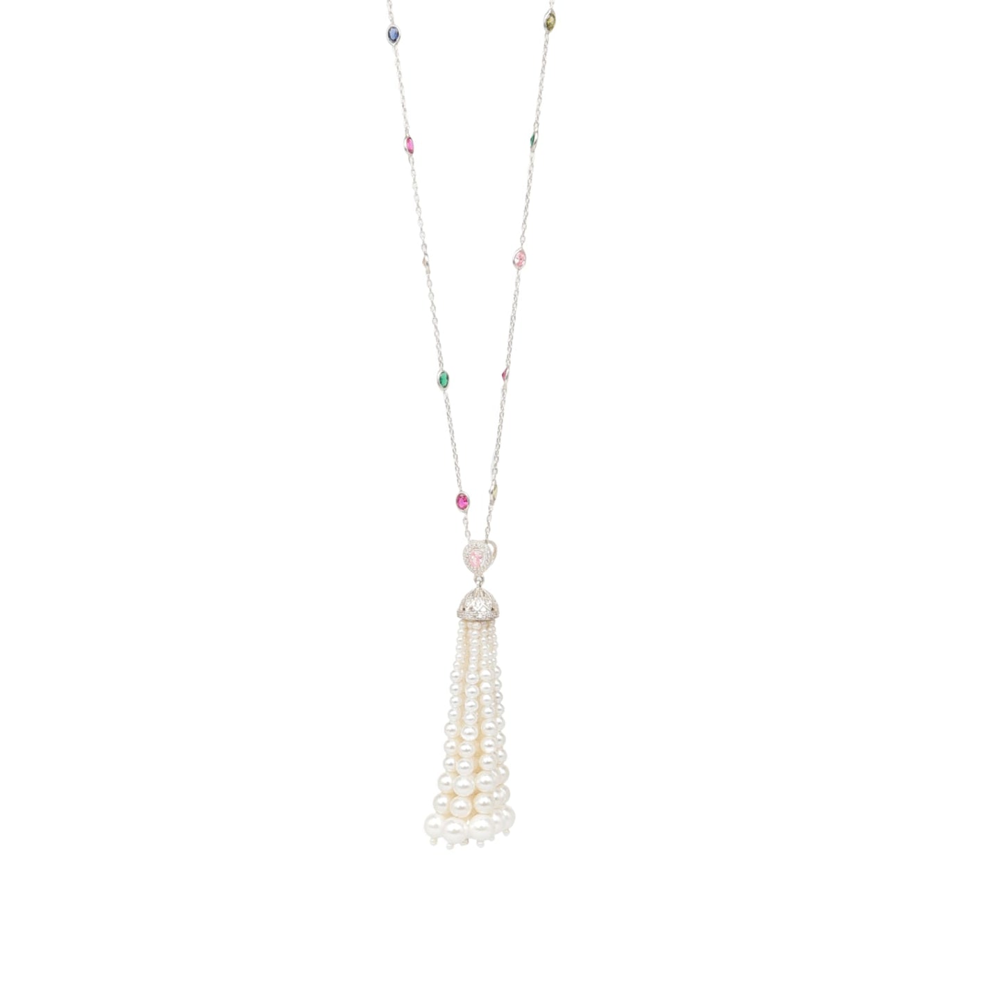 Suhasani Necklace in 92.5 Sterling Silver handcrafted chain in Quartz and Pearls with beaded Zirconia tessel necklace.