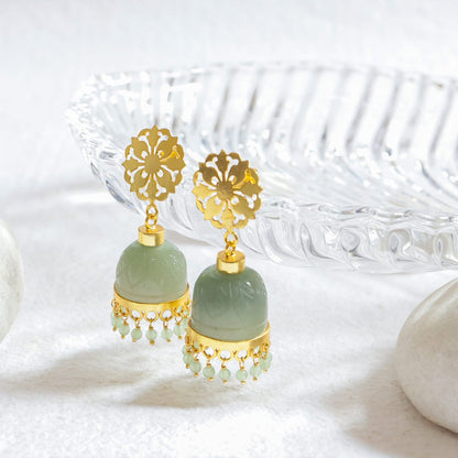 Khawab Earrings in 92.5 Sterling Silver handcrafted and dipped in 1 micron Gold plating with grapes Aventurine dome and grapes Aventurine beads.