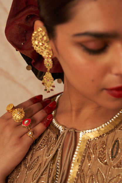 Zeenat Earrings in 92.5 Sterling Silver handcrafted and dipped in 1 micron Gold plating oversized earrings in red, green and cubic Zirconia stones with red Quartz, and green Onyx stringing in Post-Push closure.