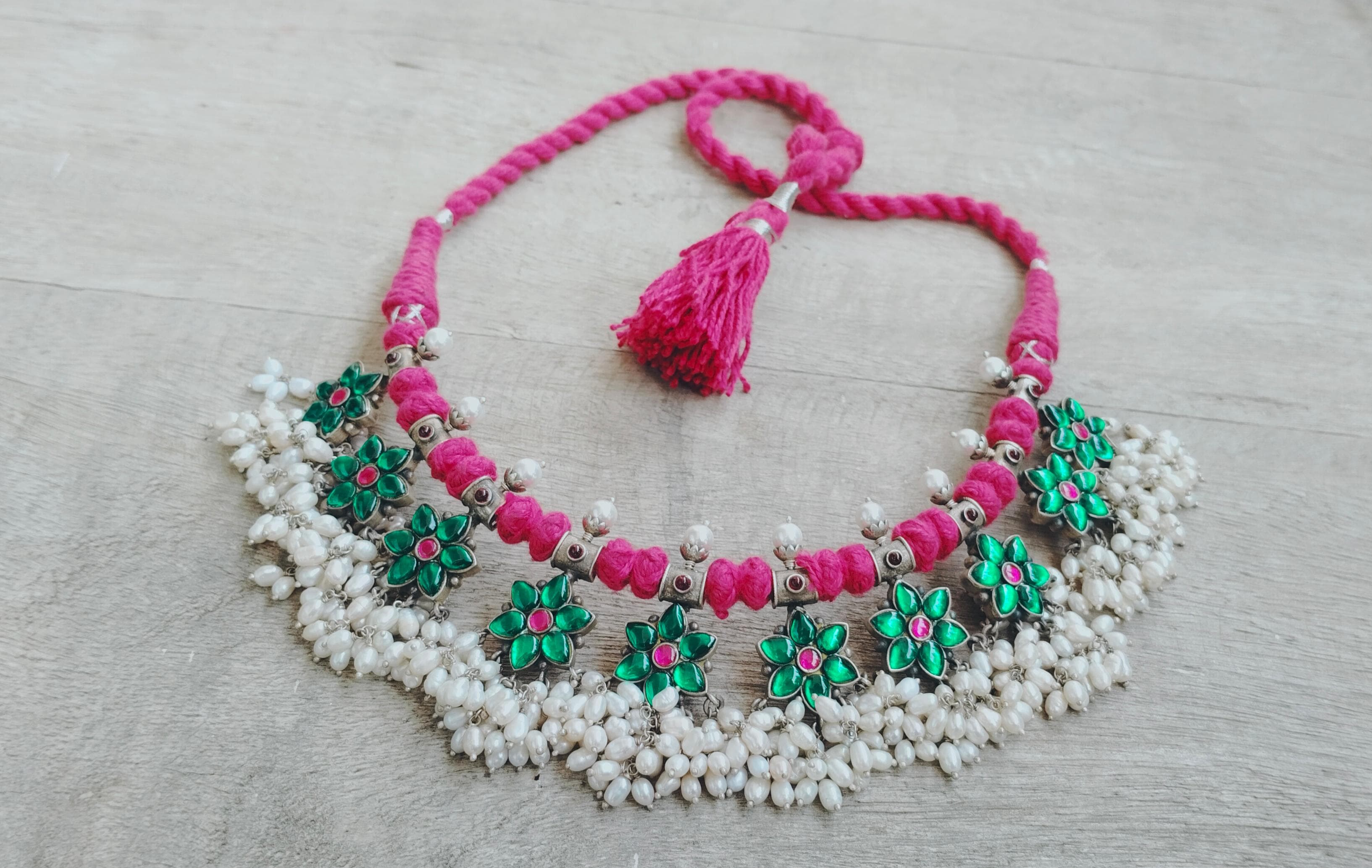 Parineeta necklace in 92.5 Sterling Silver handcrafted in Jadau with rice Pearls.
