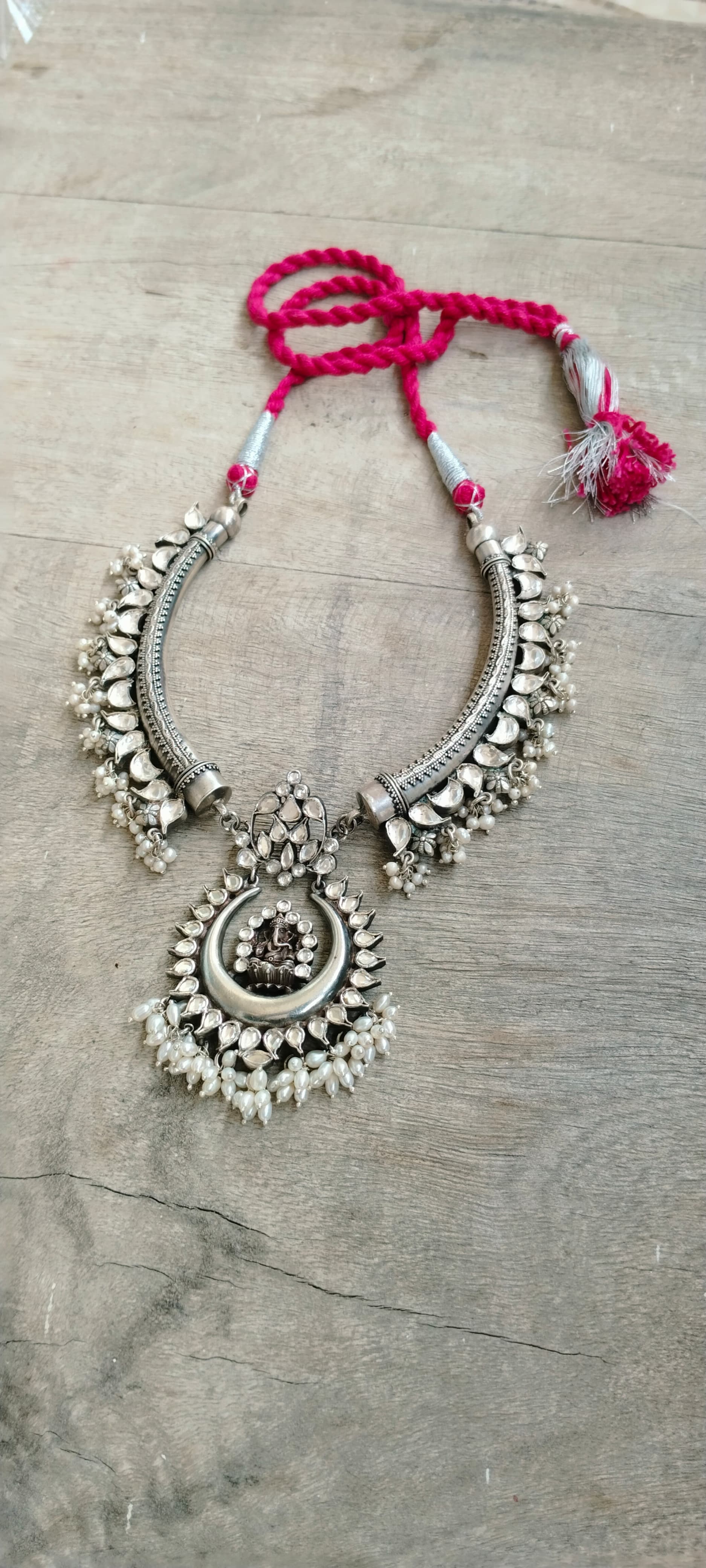 Necklace/Hasli in 92.5 Sterling Silver handcrafted in Polki and Pearls.