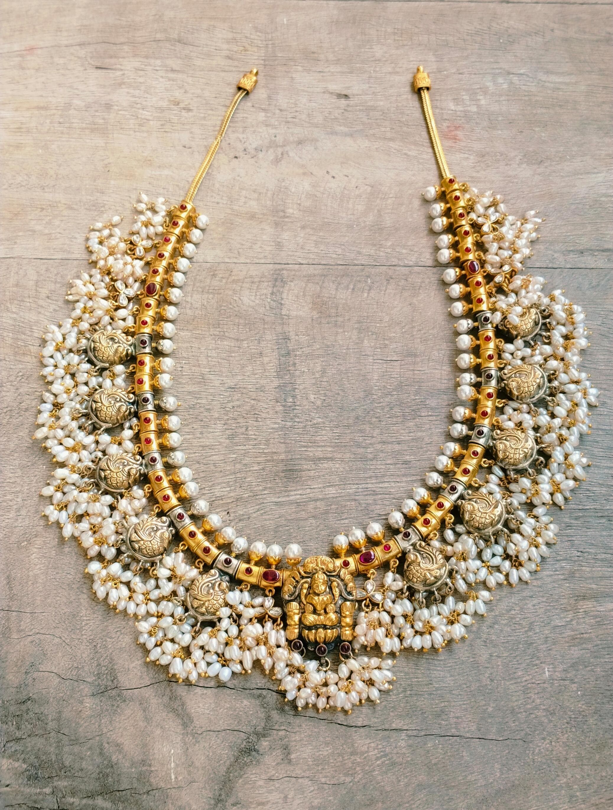 Maahiya necklace in 92.5 Sterling Silver handcrafted and dipped in 1 micron Gold plating with rice Pearls traditional necklace.