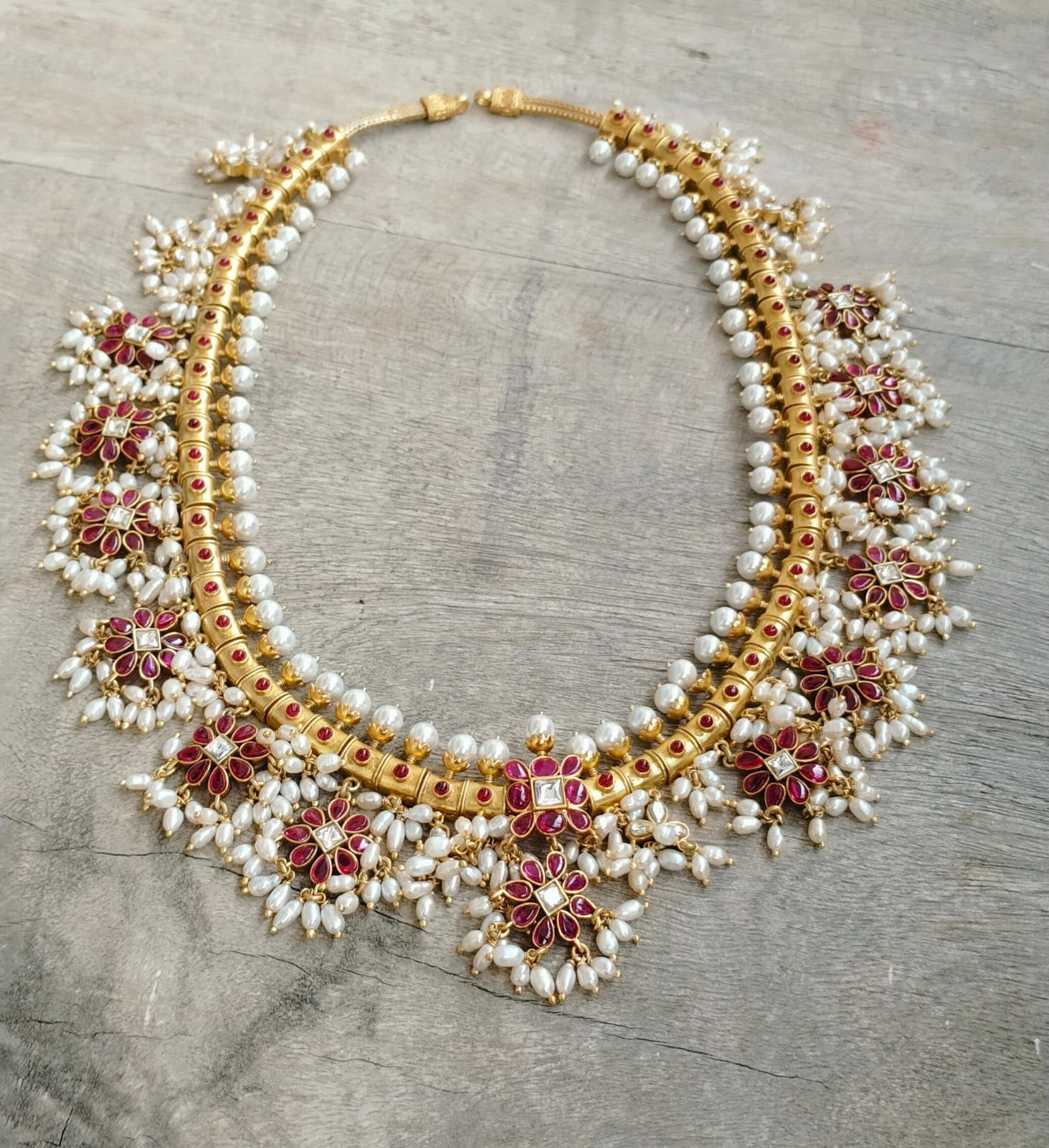 Bani Thani Necklace in 92.5 Sterling Silver dipped in 1 micron Gold plating with traditional Polki-Jadau and rice Pearls.