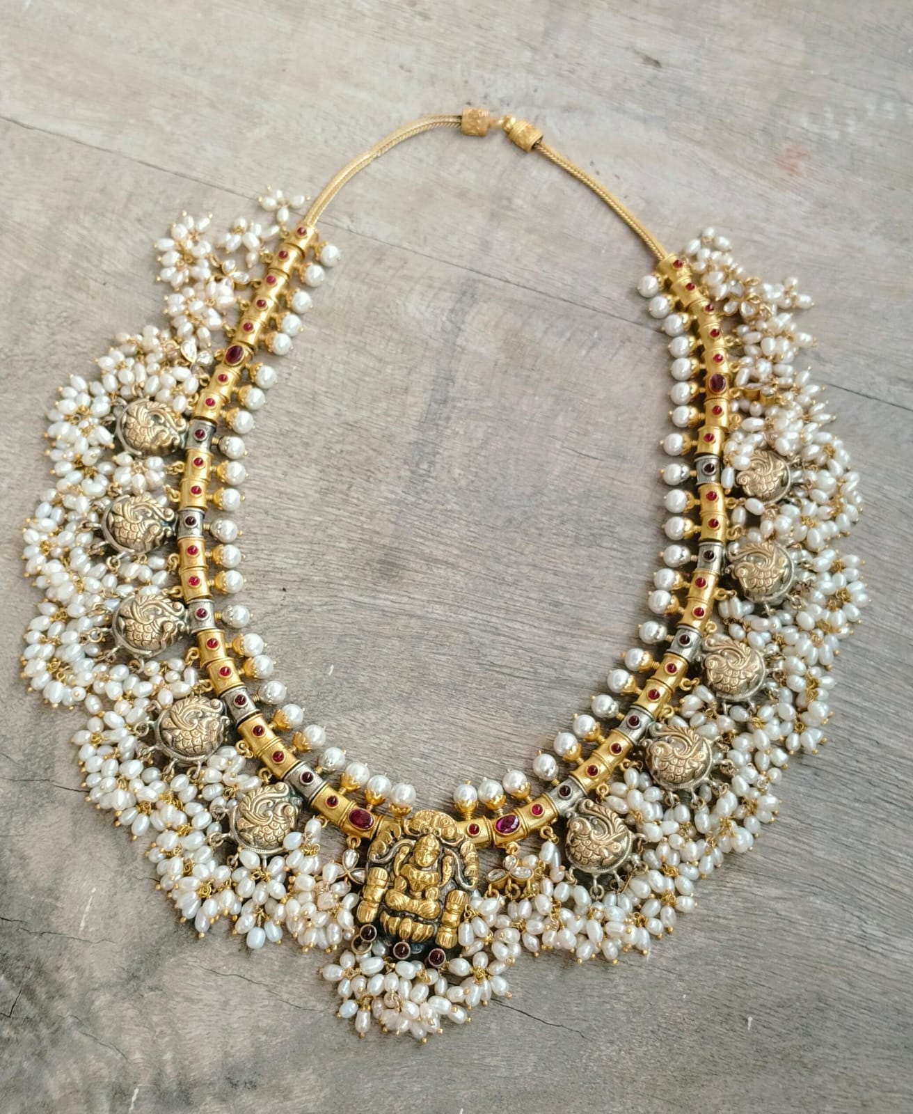 Maahiya necklace in 92.5 Sterling Silver handcrafted and dipped in 1 micron Gold plating with rice Pearls traditional necklace.