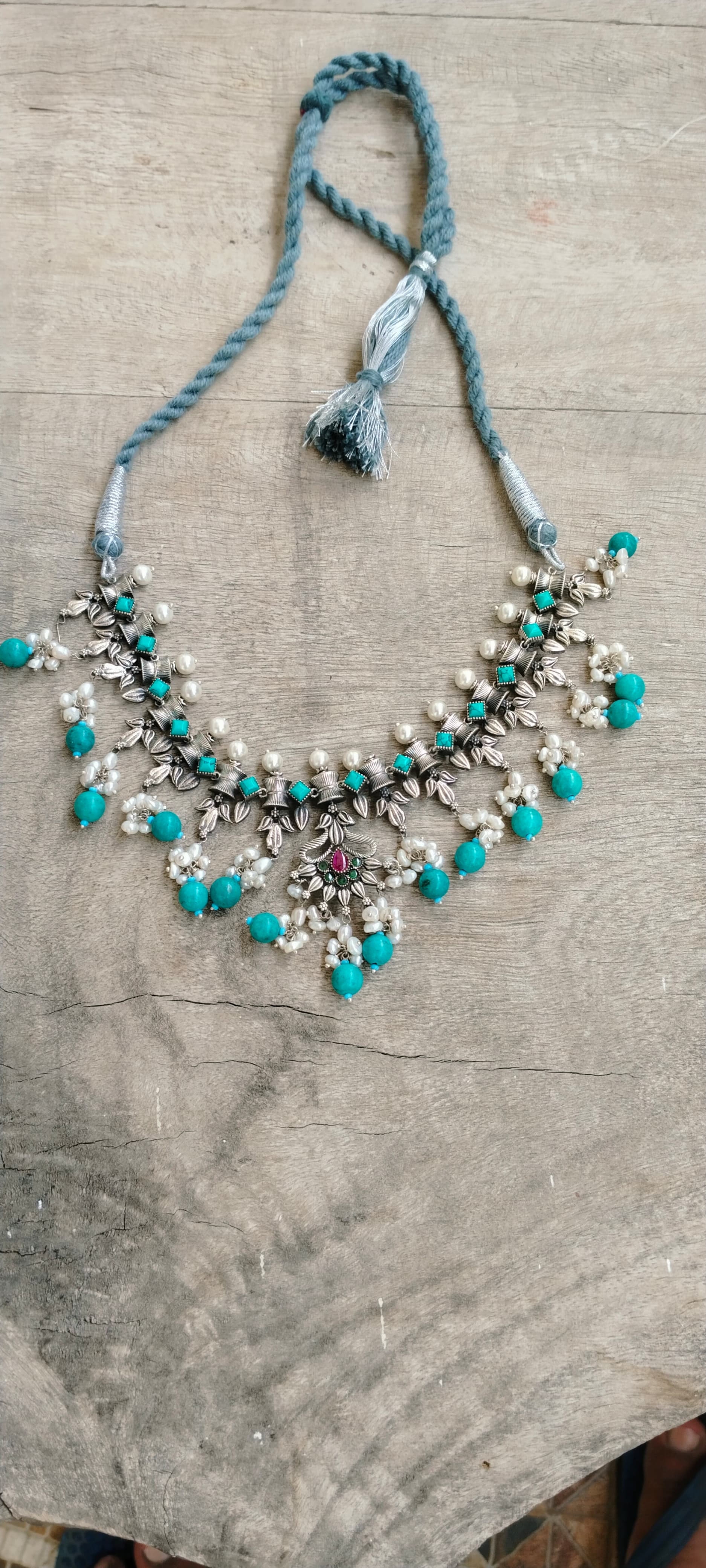 Kalki Necklace in 92.5 Sterling Silver handcrafted in Jadau-Polki, rice Pearls with Turquoise.
