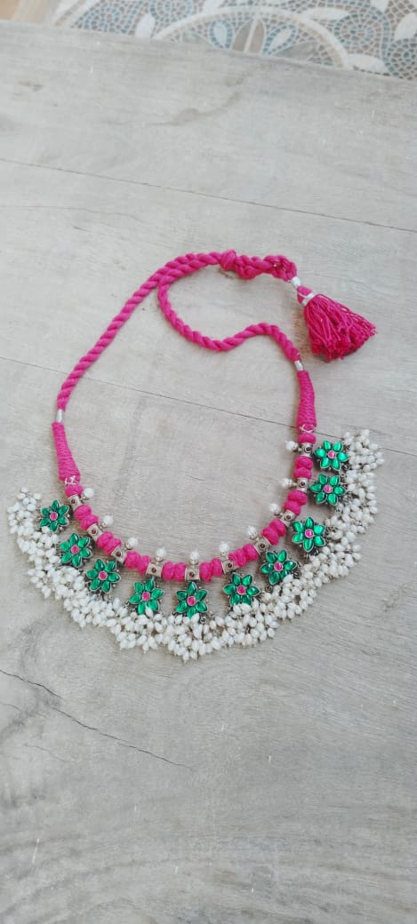 Parineeta necklace in 92.5 Sterling Silver handcrafted in Jadau with rice Pearls.