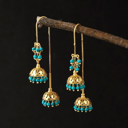 Sui-Dhaga earrings in 92.5
Sterling Silver double Jhumka with traditional Sui Dhaga mechanism with Turquoise in 92.5 silver with 24k Gold plating.