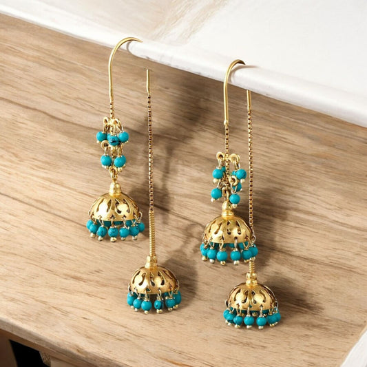 Sui-Dhaga earrings in 92.5
Sterling Silver double Jhumka with traditional Sui Dhaga mechanism with Turquoise in 92.5 silver with 24k Gold plating.