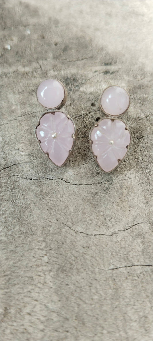 Tamannaah studs in 92.5 Sterling Silver handcrafted oxidised and carved in antique Rose Quartz.