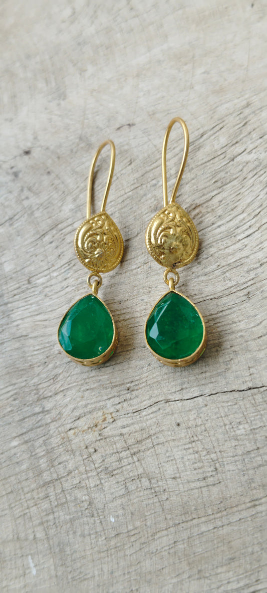 Shona earrings in 92.5 Sterling Silver handcrafted and dipped in 1 micron Gold plating with green Onyx faceted stone earrings.