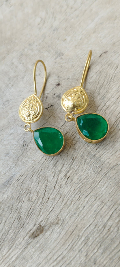 Shona earrings in 92.5 Sterling Silver handcrafted and dipped in 1 micron Gold plating with green Onyx faceted stone earrings.