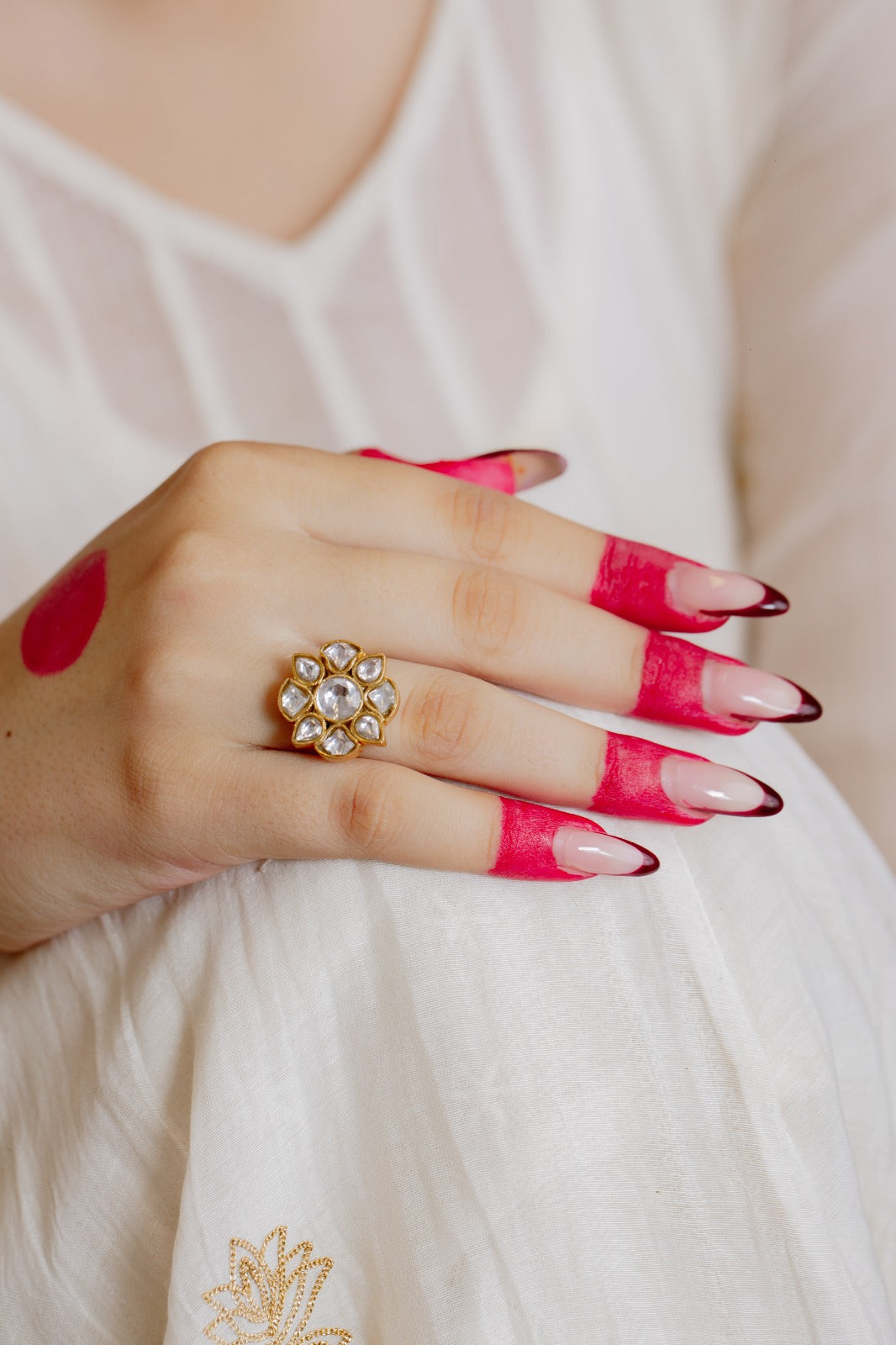 Aayesha Ring in 92.5 Sterling Silver handcrafted and dipped in 1 micron Gold plating with Jadau-Polki, adjustable.