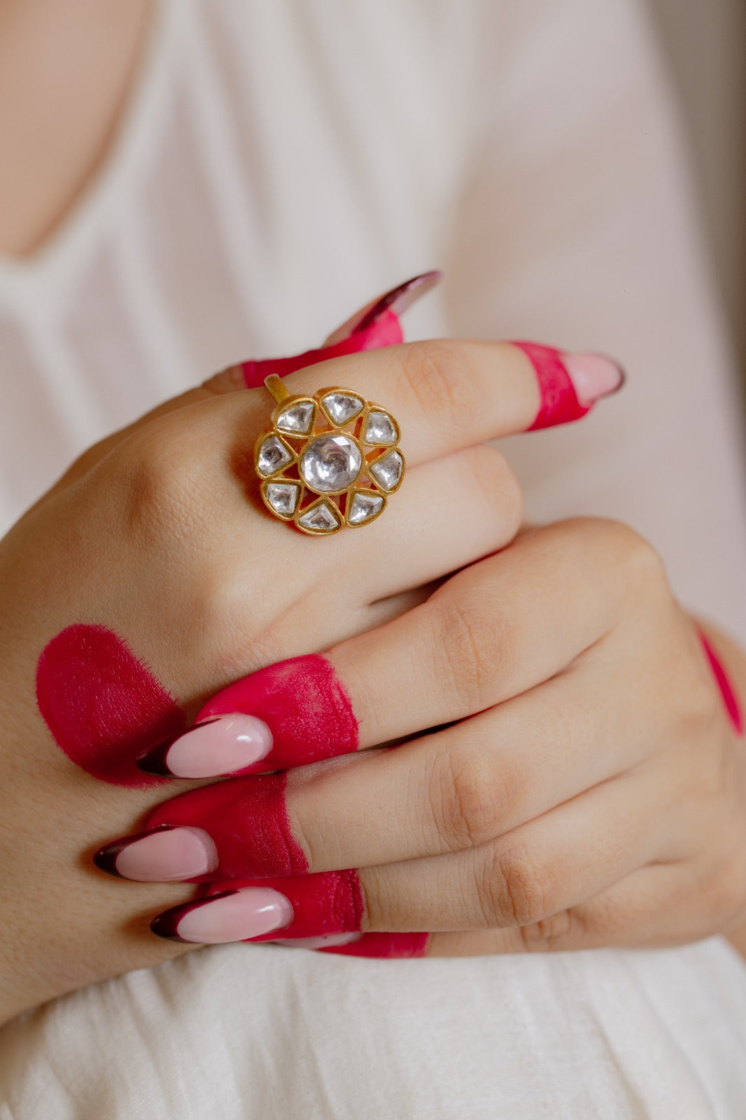 Aayesha Ring in 92.5 Sterling Silver handcrafted and dipped in 1 micron Gold plating with Jadau-Polki, adjustable.