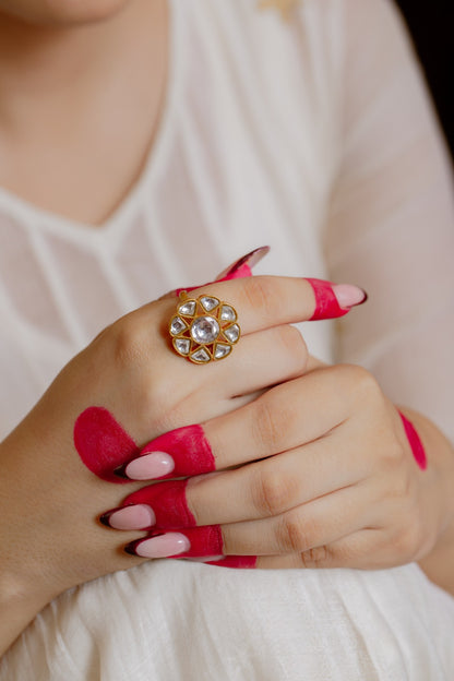 Aayesha Ring in 92.5 Sterling Silver handcrafted and dipped in 1 micron Gold plating with Jadau-Polki, adjustable.