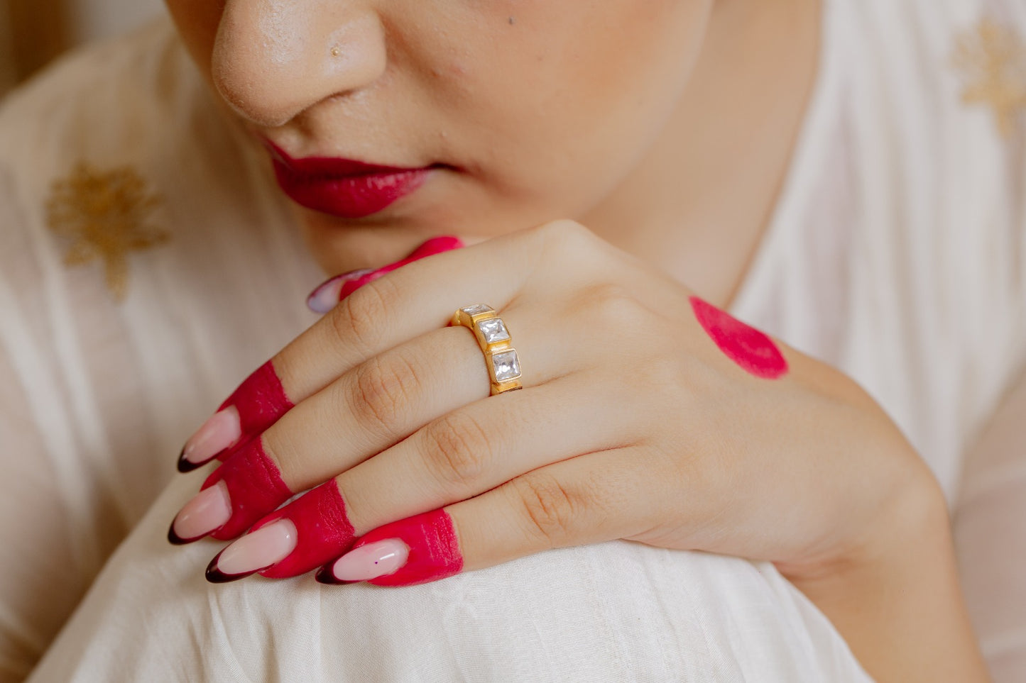 Chakor ring in 92.5 Sterling Silver handcrafted and dipped in 1 micron Gold plating with Jadau-Polki.