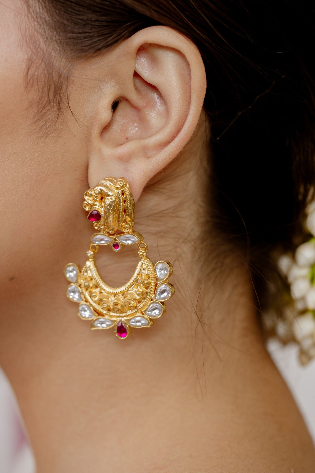 Singham earrings in 92.5 Sterling Silver handcrafted and dipped in 1 micron Gold plating with Jadau-Polki, traditional Chitayee earrings.