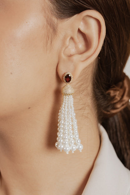 Garnet pearl hoops Earrings in 92.5 Sterling Silver handcrafted and dipped in 1 micron Gold plating with Pearls.