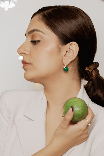 Fleur Malachite earrings in 92.5 Sterling Silver handcrafted and dipped in 1 micron Gold plating with Malachite ball flowers.