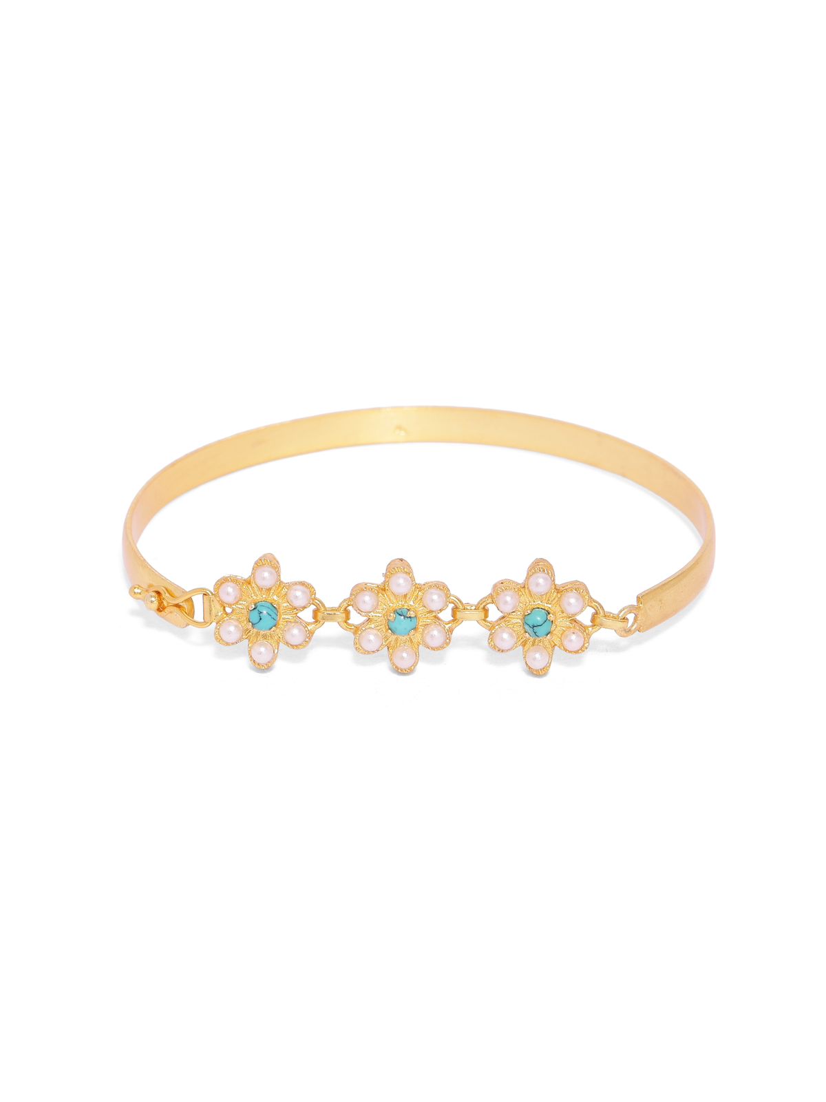 Teen phool bracelet in 92.5 Sterling Silver handcrafted and dipped in 1 micron Gold plating with Turquoise and Pearls.