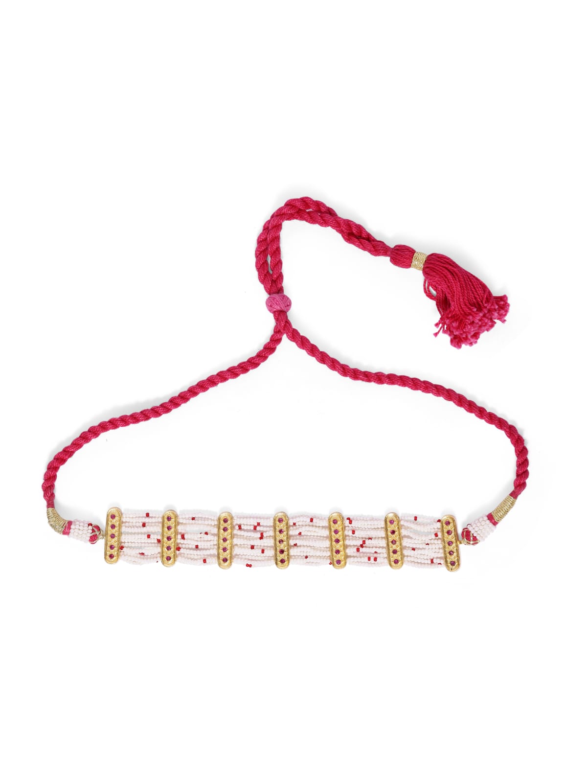 Motiya choker handcrafted in 92.5 Sterling Silver with Pearls and red beads, size adjustable with an Indian traditional sarafa closure.