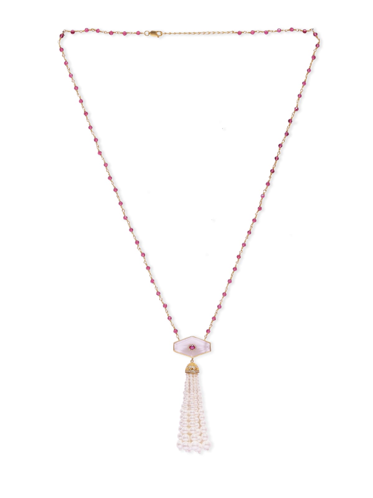 Shafaf Tassel necklace in rock Crystals, set in 92.5 Sterling Silver with Gold plating, strung in red Quartz and crystals.